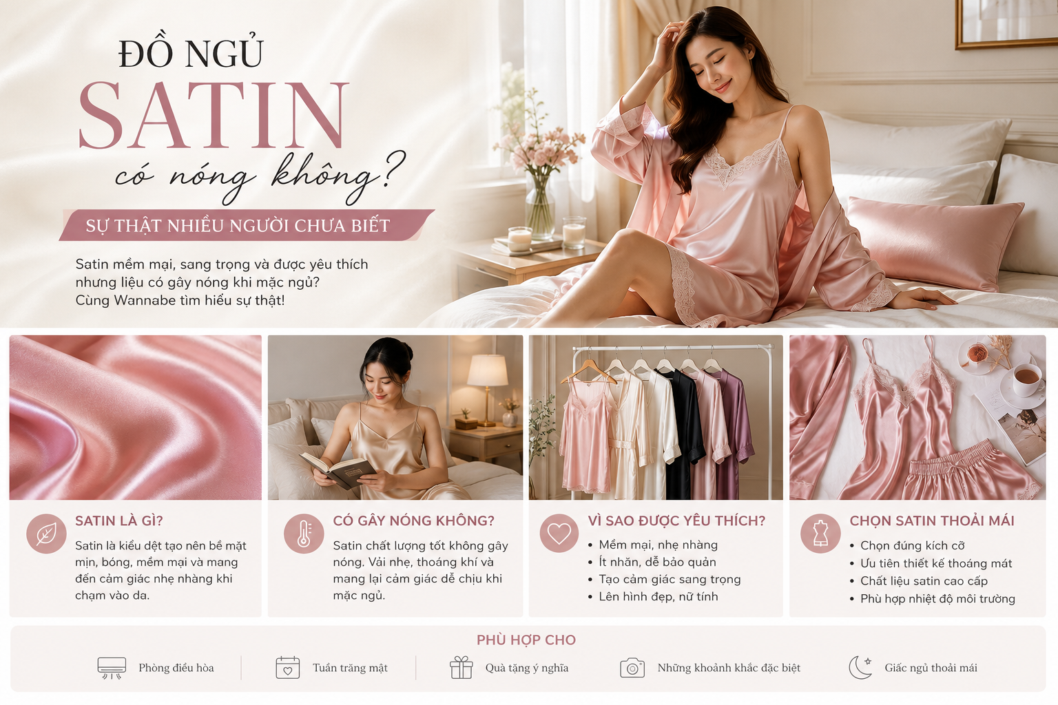 Đồ ngủ satin có nóng không? Tìm hiểu khả năng thoáng khí, ưu điểm và nhược điểm của chất liệu satin trong đồ ngủ nữ Wannabe.