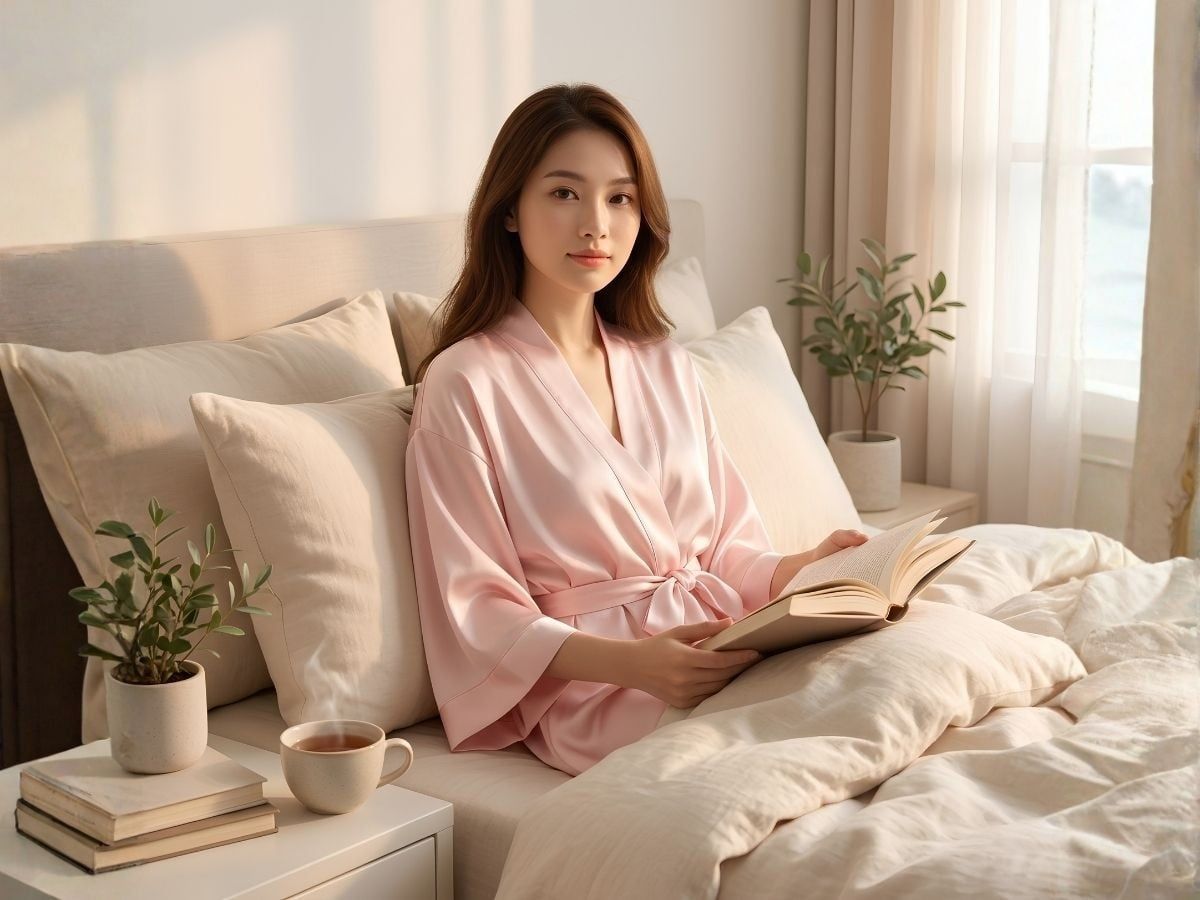 Người mẫu mặc áo choàng ngủ satin màu hồng Wannabe đang đọc sách trên giường