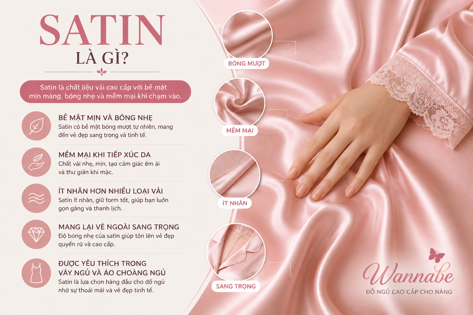 Satin là gì? Chất liệu vải satin cao cấp với bề mặt mềm mại, bóng nhẹ, được sử dụng phổ biến trong váy ngủ satin và áo choàng ngủ nữ Wannabe.