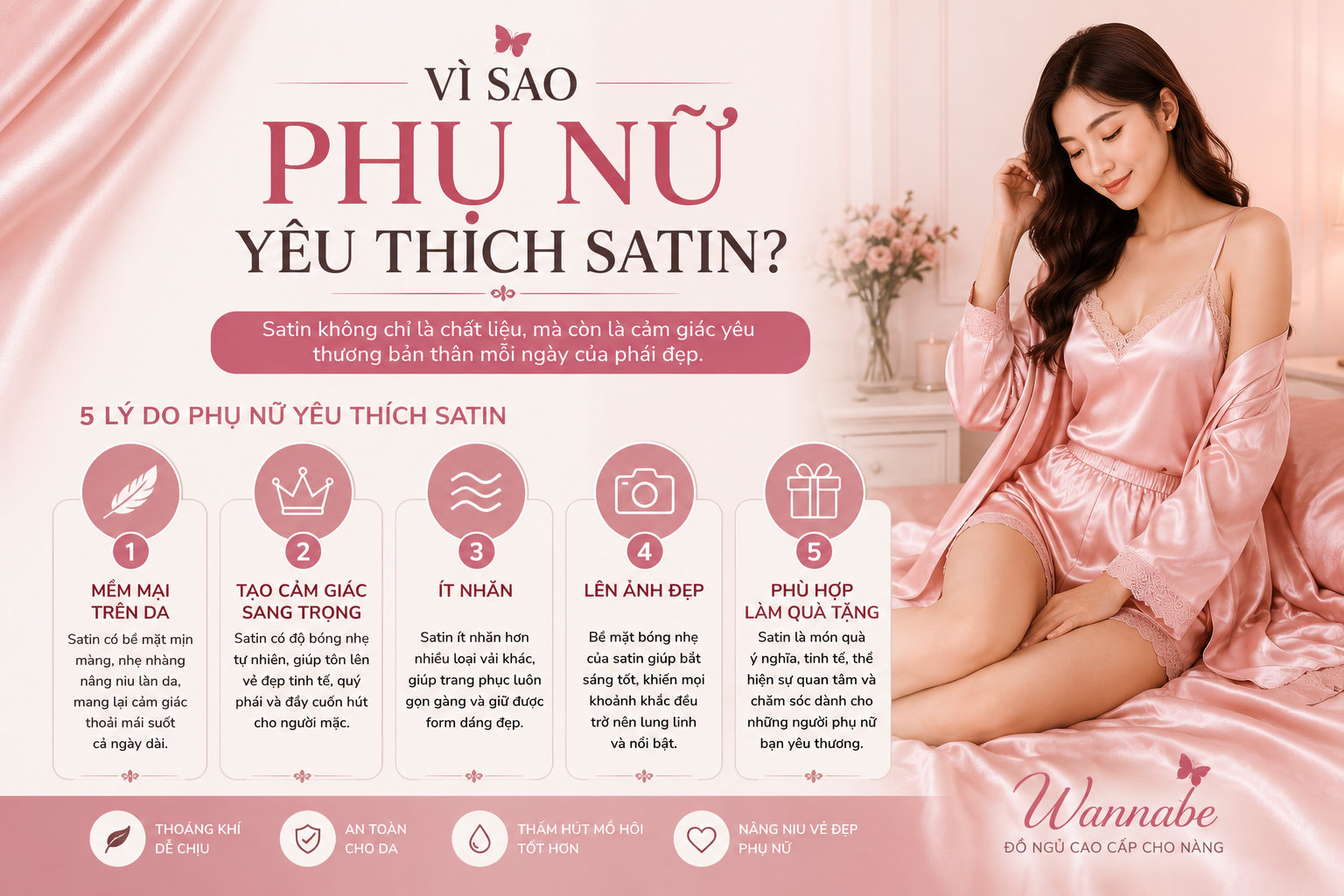5 lý do phụ nữ yêu thích đồ ngủ satin gồm mềm mại trên da, sang trọng, ít nhăn, lên ảnh đẹp và phù hợp làm quà tặng.