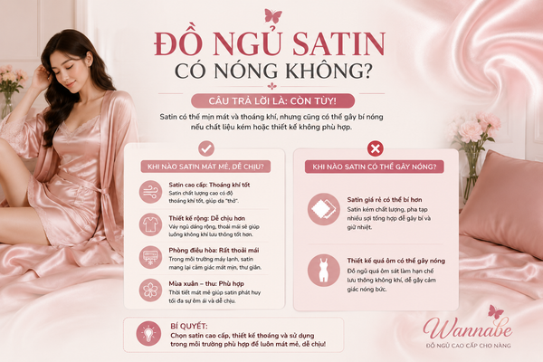 Đồ ngủ satin có nóng không? Tìm hiểu khả năng thoáng khí, ưu điểm và nhược điểm của chất liệu satin trong đồ ngủ nữ Wannabe.