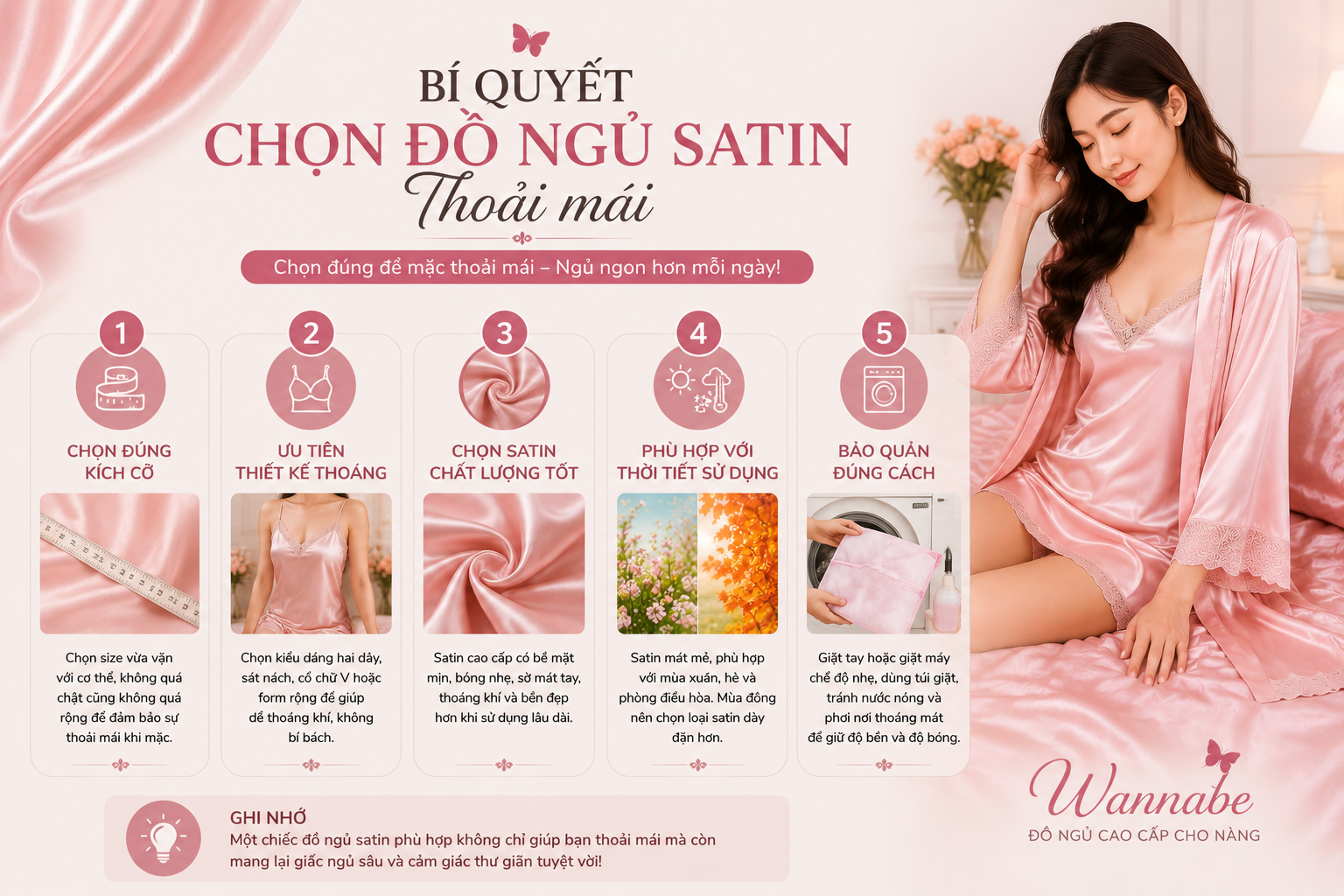 Bí quyết chọn đồ ngủ satin thoải mái với kích cỡ phù hợp, thiết kế thoáng và chất liệu satin cao cấp.