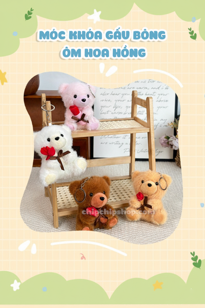 MÓC KHÓA GẤU ÔM HOA HỒNG