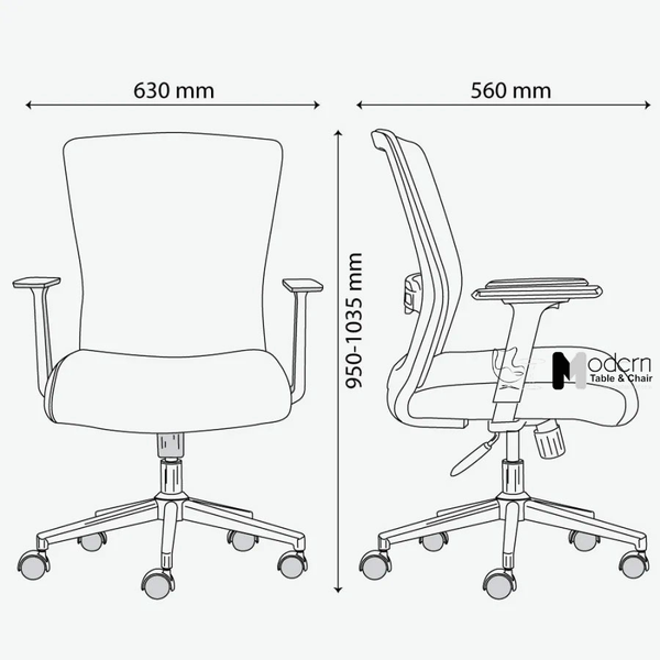 Kích thước ghế làm việc lưng trung chân thép mạ CE080006-M