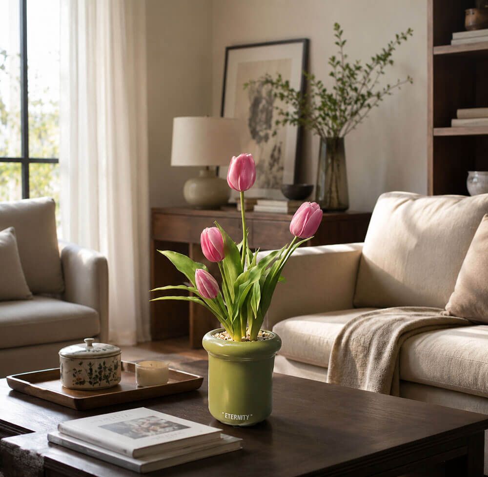bình hoa tulip decor phòng khách sang trọng