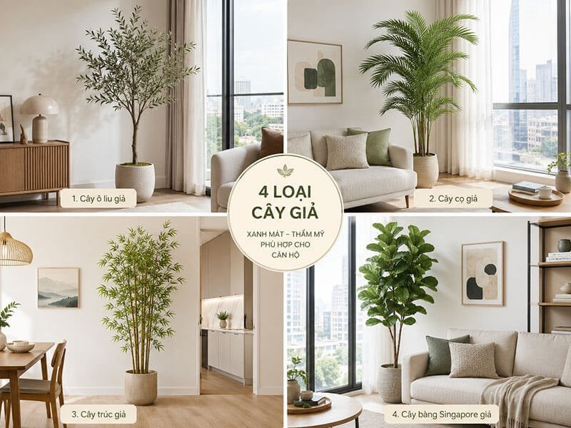 mẫu cây giả phổ biến decor cho phòng khách chung cư