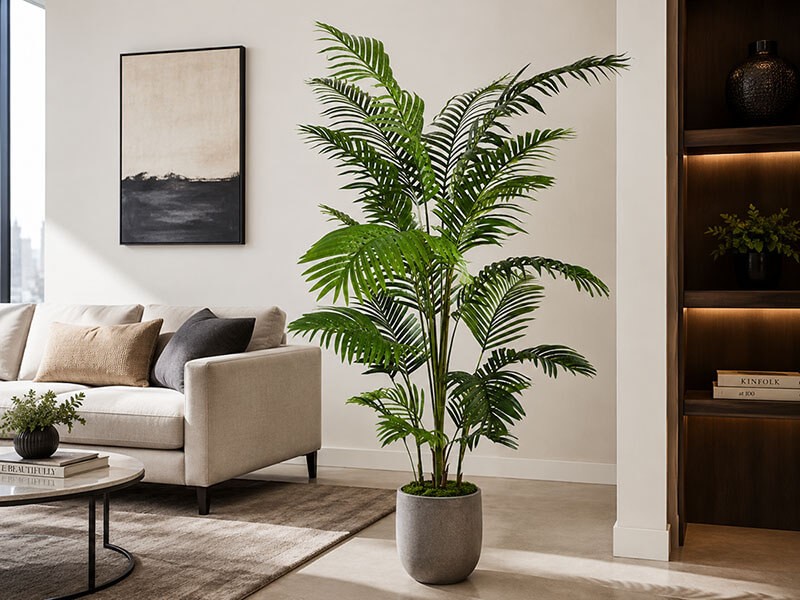 cây dừa giả phối chậu xi măng decor phòng khách