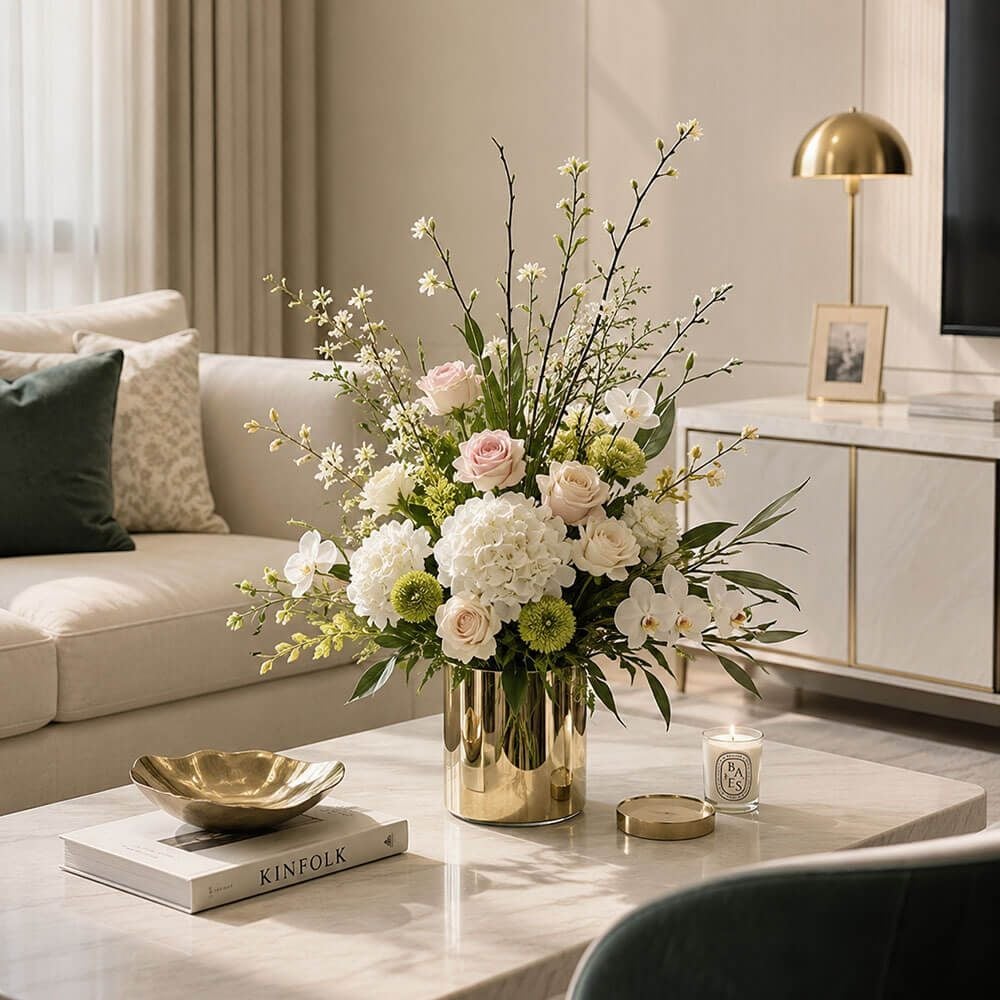 Bình hoa giả decor bàn trà sang trọng