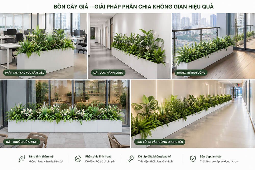 bồn cây giả trang trí ở nhiều không gian khác nhau