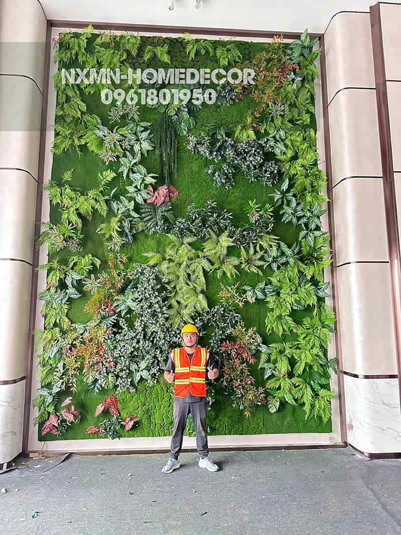 Tường cây giả mix rêu decor cho sảnh công ty