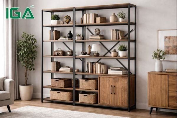 Kệ sách khung sắt kết hợp gỗ