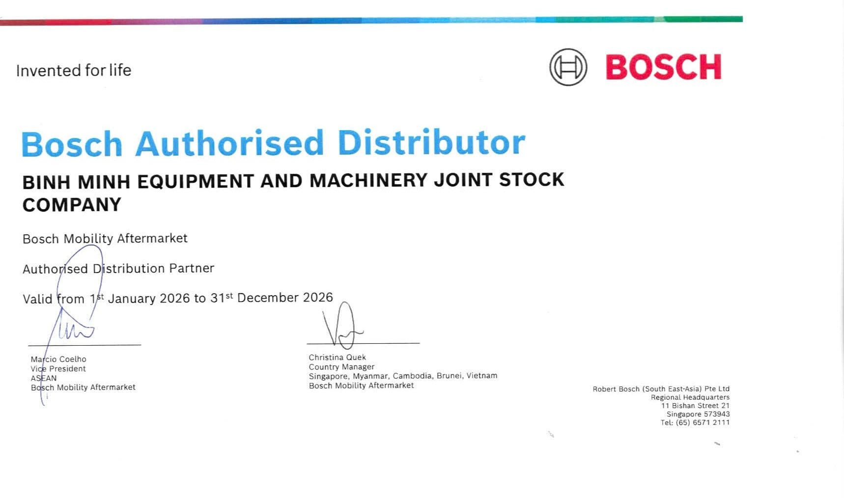 BÌNH MINH JSC TIẾP TỤC LÀ NHÀ PHÂN PHỐI ỦY QUYỀN BOSCH NĂM 2026
