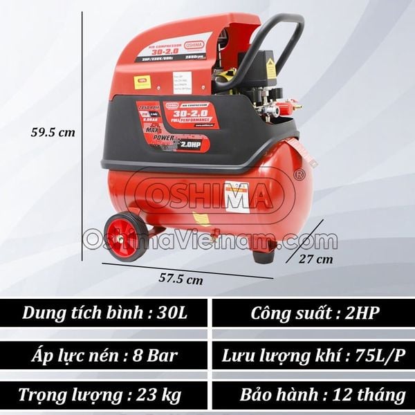 Thông số kỹ thuật máy nén khí Oshima 30l có dầu