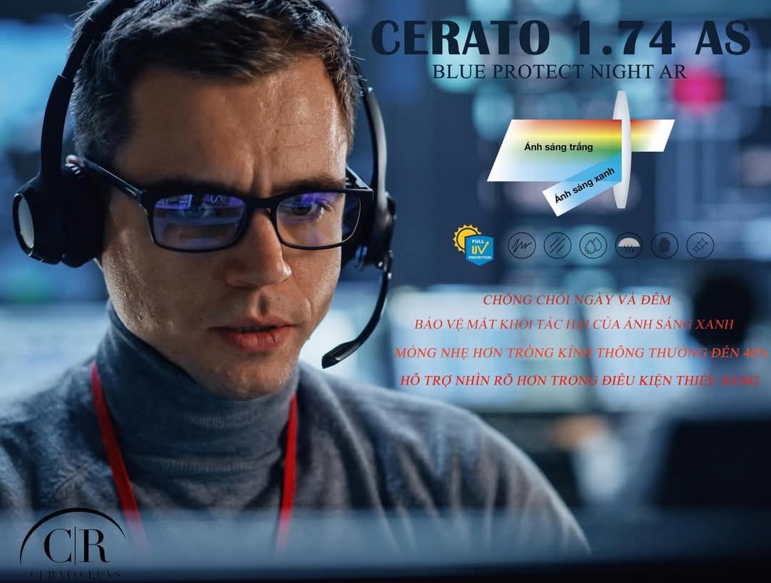 Tròng Kính Siêu Mỏng Chống Ánh Sáng Xanh Cerato Blue Protect Night Ar 1.74 AS