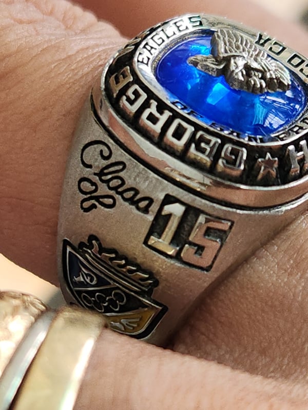 nhẫn mỹ xưa trường học hợp kim hột xanh biển valladium