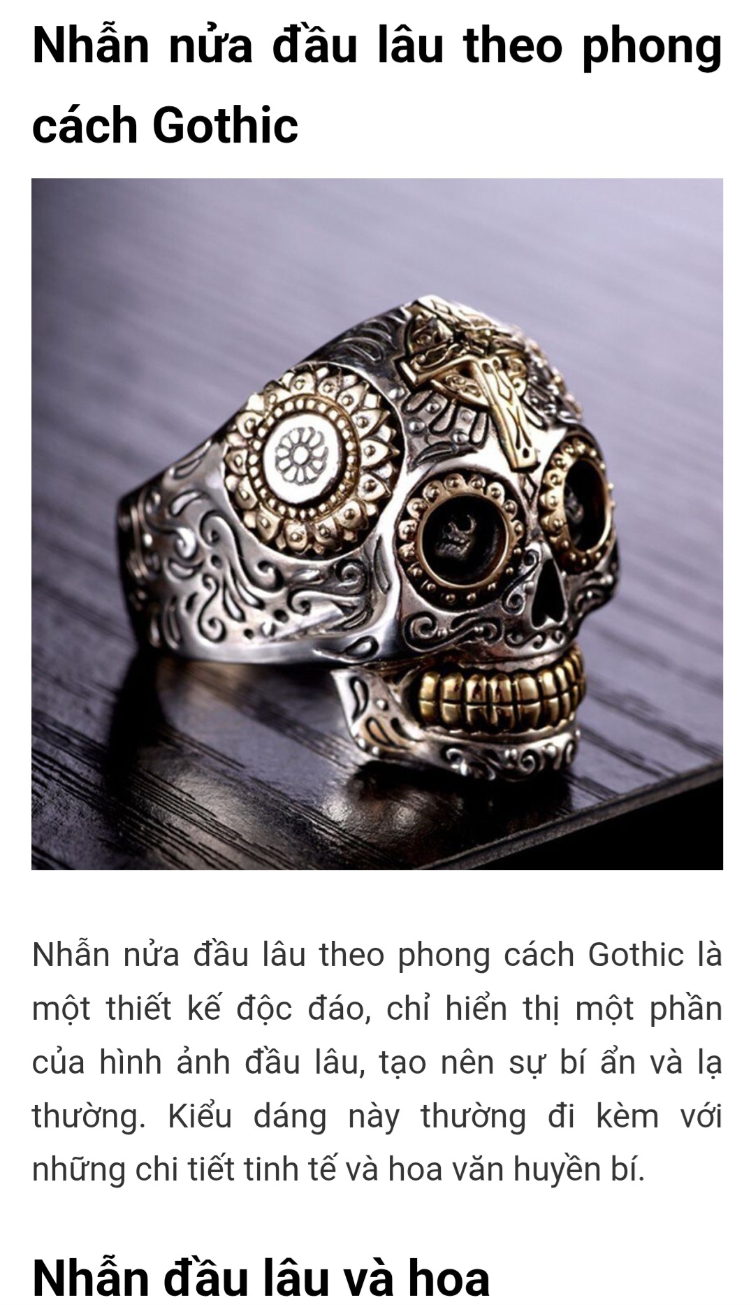 nhẫn mỹ xưa Gothic kiểu đầu lâu và hoa