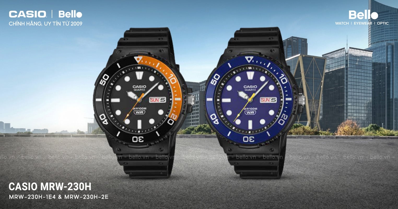 Casio MRW-230H Thêm 2 Màu Mới – Đen Cam (1E4) & Xanh Biển (2E), Bezel Nhôm Xoay, Giá Hơn 1 Triệu