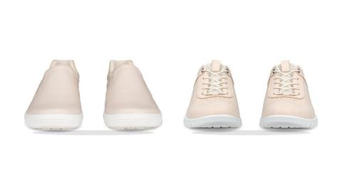 Hai mẫu sneaker nữ màu kem nhìn từ phía sau và phía trước