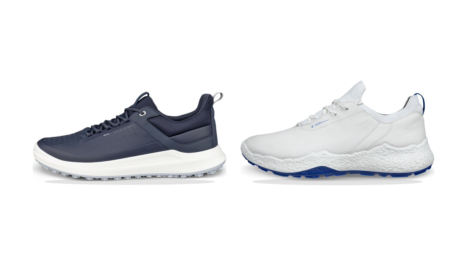 Hai mẫu giày golf buộc dây màu navy và trắng