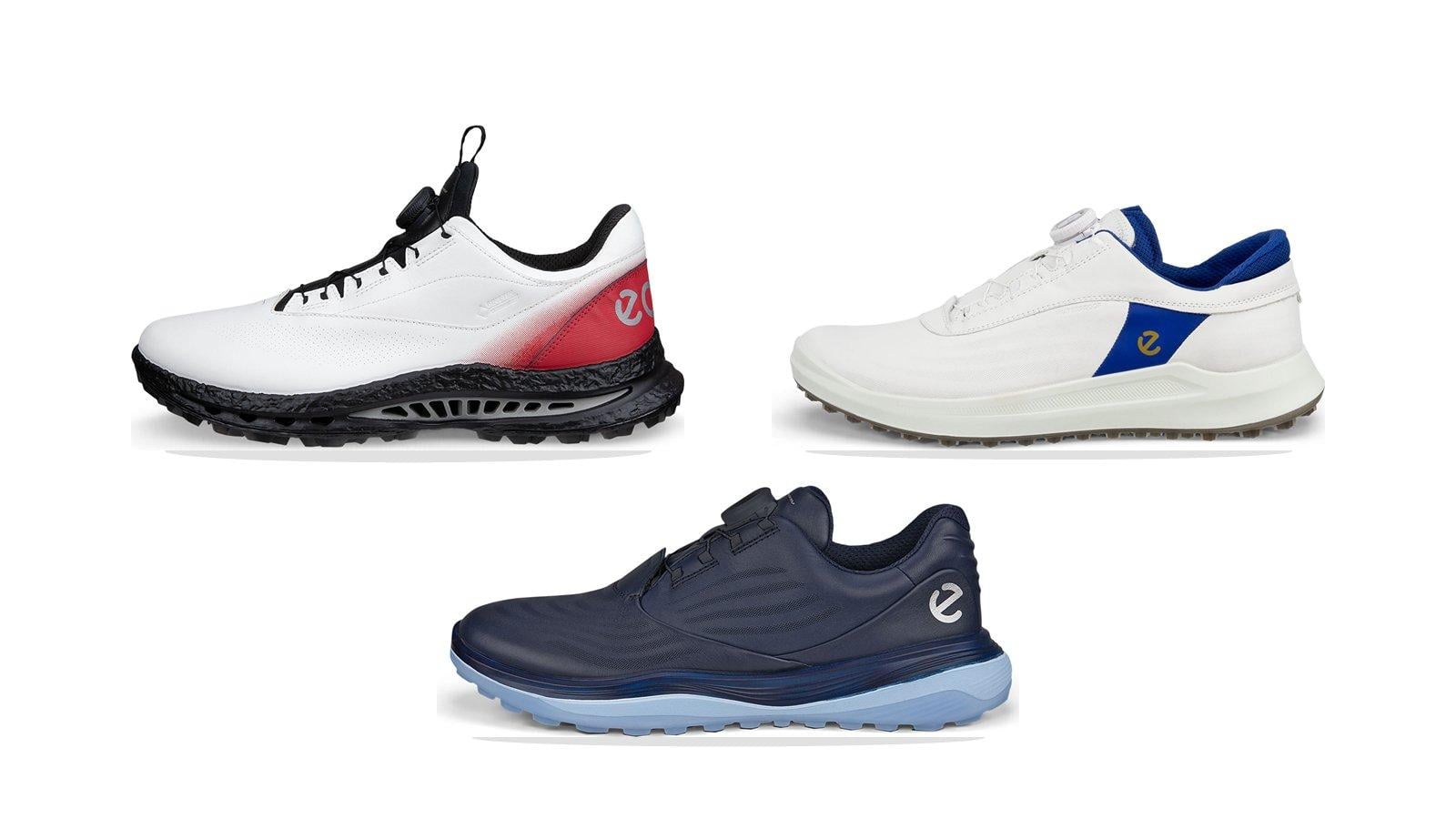 Các mẫu giày golf ECCO BIOM C5, Golf Core và Golf LT1 trên nền trắng