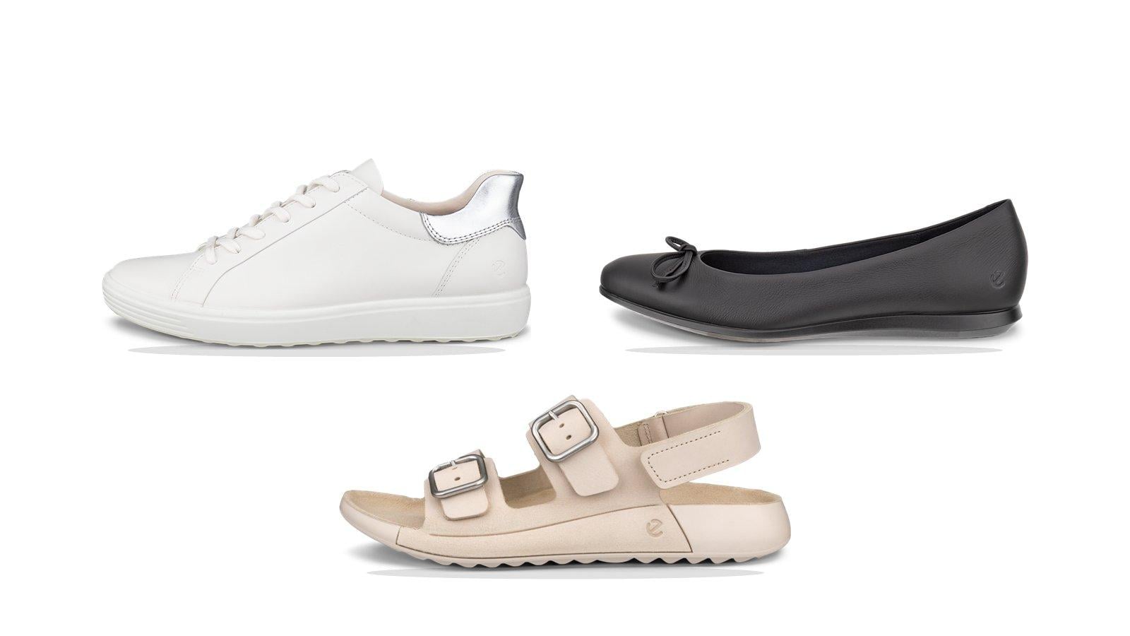 Bộ ba sneaker trắng, giày búp bê đen và sandal be trên nền trắng