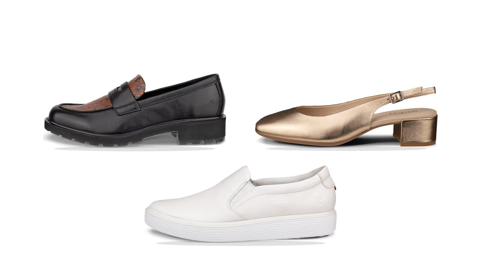 Giày lười đen phối nâu, giày quai hậu màu vàng và sneaker xỏ chân trắng