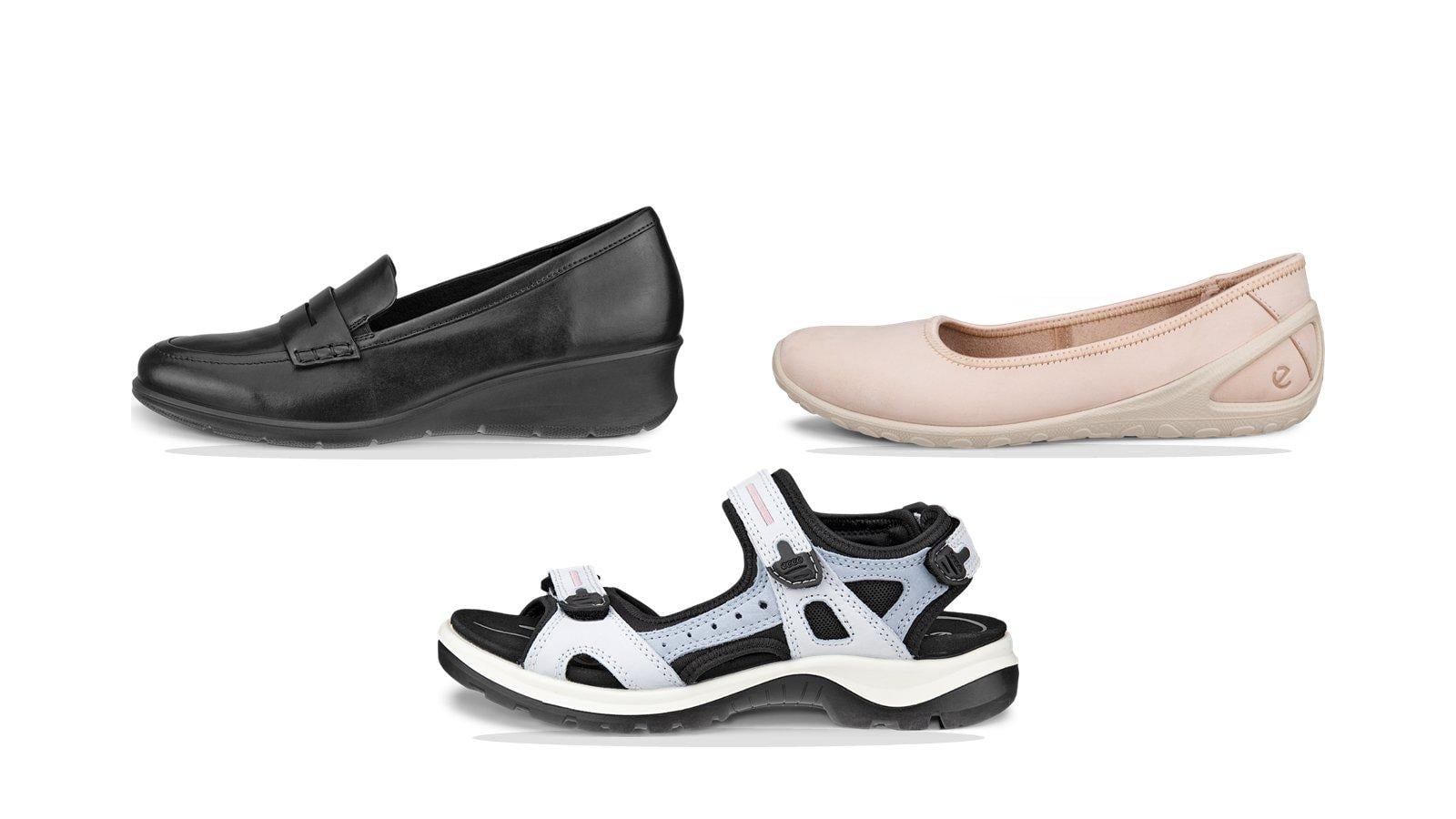 Giày lười đen, giày búp bê hồng nhạt và sandal thể thao trắng đen