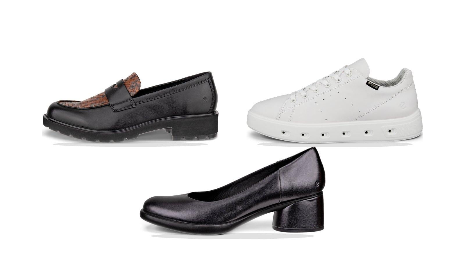 Giày lười đen phối nâu, sneaker trắng và giày gót thấp đen cho tủ giày tối giản