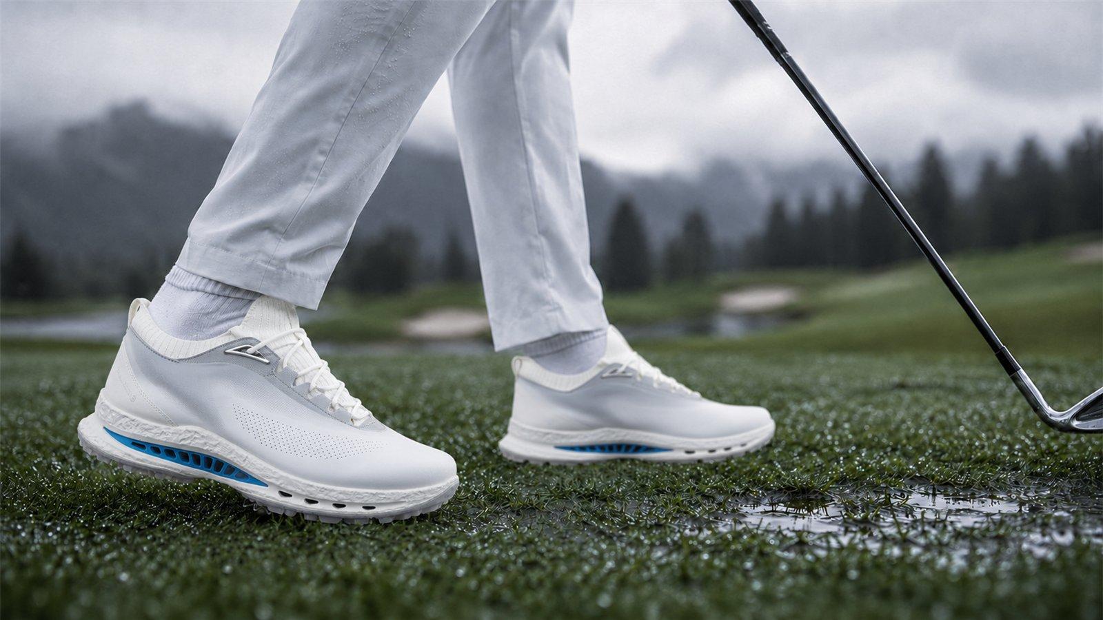 Giày golf trắng trên mặt sân cỏ ướt đọng nước