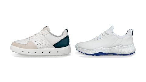 Hai mẫu giày golf trắng phối đế xanh lá và xanh dương