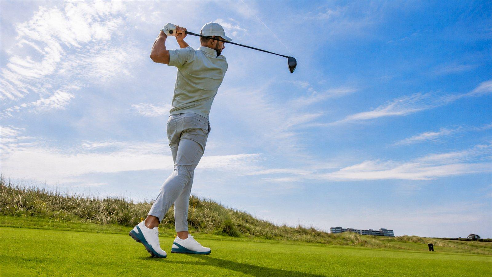 Golfer hoàn thành cú swing trên sân cỏ
