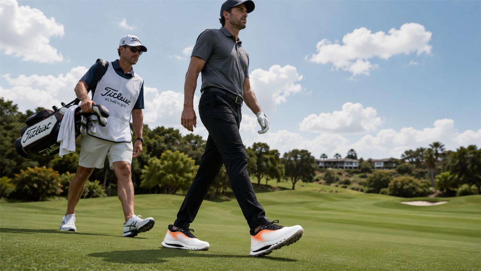 Golfer và caddie đi bộ trên fairway