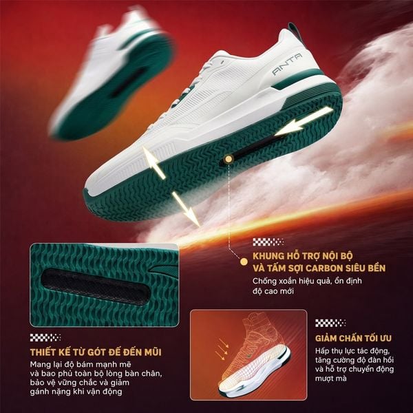 Giày tennis Anta sở hữu khung hỗ trợ và sợi carbon siêu bền