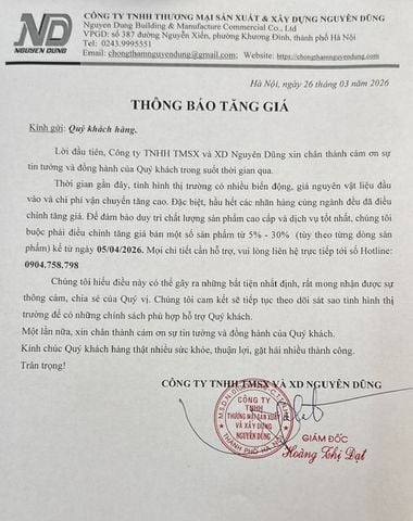 THÔNG BÁO TĂNG GIÁ SẢN PHẨM