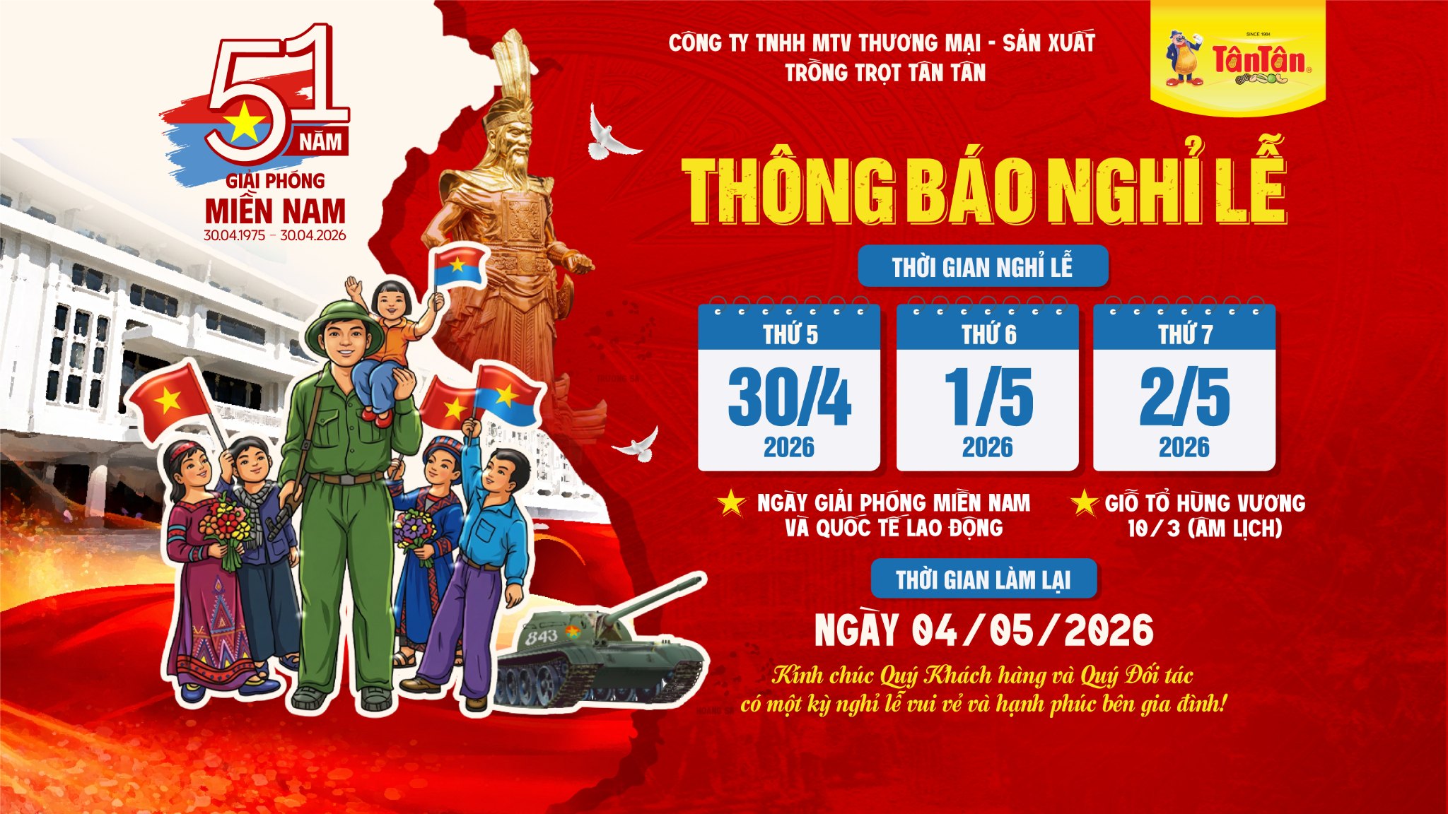 THÔNG BÁO NGHỈ LỄ GIỖ TỔ HÙNG VƯƠNG, 30/04 & 01/05