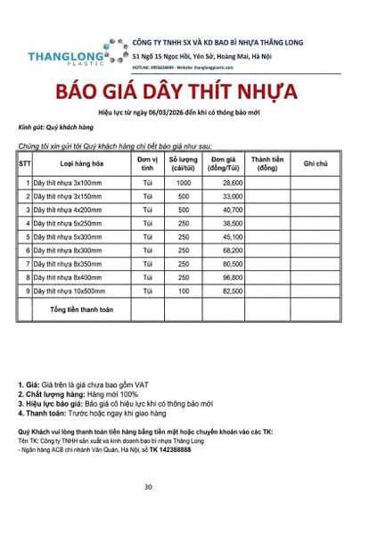 báo giá dây rút nhựa, thây thít nhựa, lạt nhựa 2026