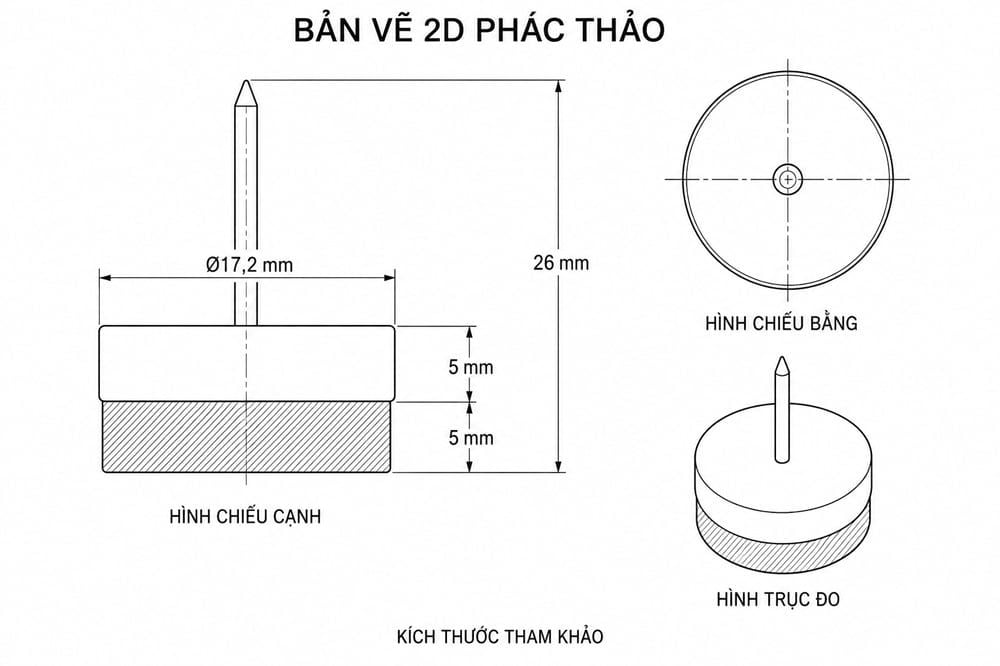 Bản vẽ thiết kế đinh nhựa kèm nỉ lót Vinahardware