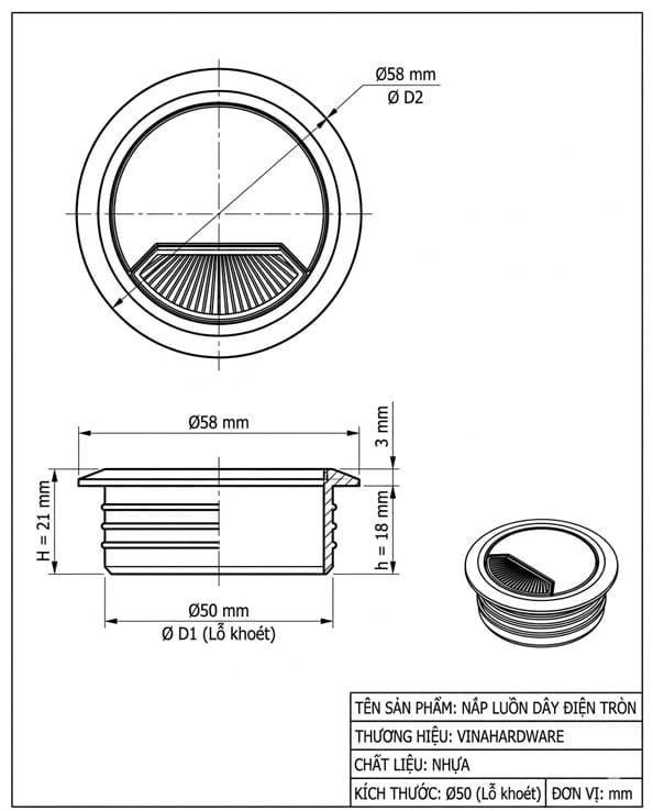 Nắp luồn dây điện phi 50mm