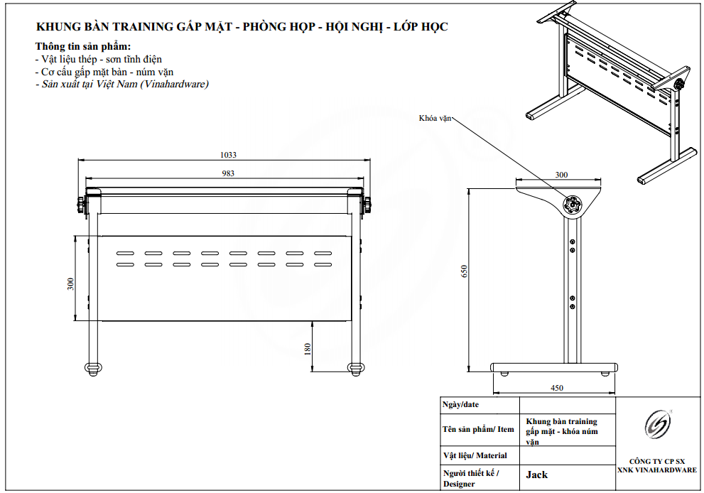 Bảng vẽ khung bàn training gấp mặt - Khóa núm tròn