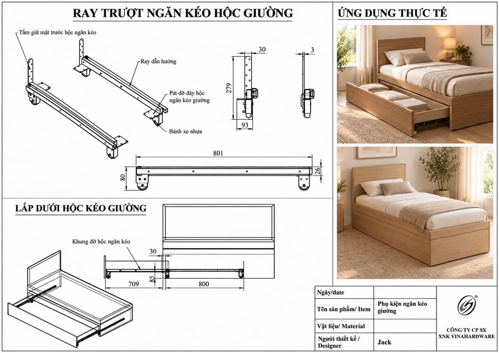 Ray trượt ngăn hộc kéo giường