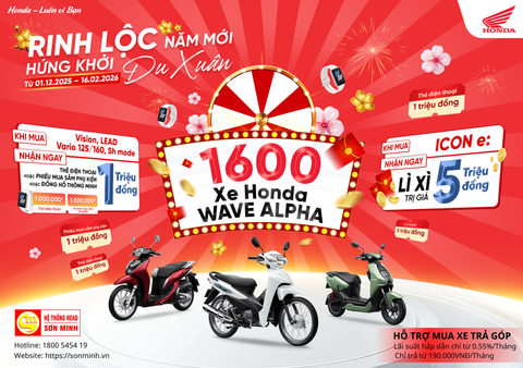 Khuyến mãi Honda Tết 2026: Rinh Lộc Đầu Xuân – Trúng 1.600 Xe Wave Alpha & Hỗ trợ trả góp lãi suất thấp