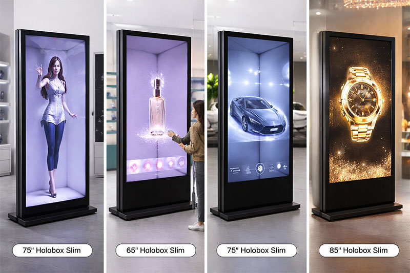 Tủ trưng bày 3D Holobox slim tích hợp màn hình tương tác, tích hợp wifi/ HDMI, kích thước 65-75-85 inch