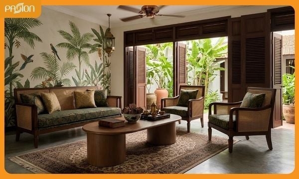 Phối bàn trà Indochine với sofa và ghế bành