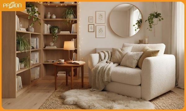 Decor góc thư giãn bằng cây xanh và phụ kiện