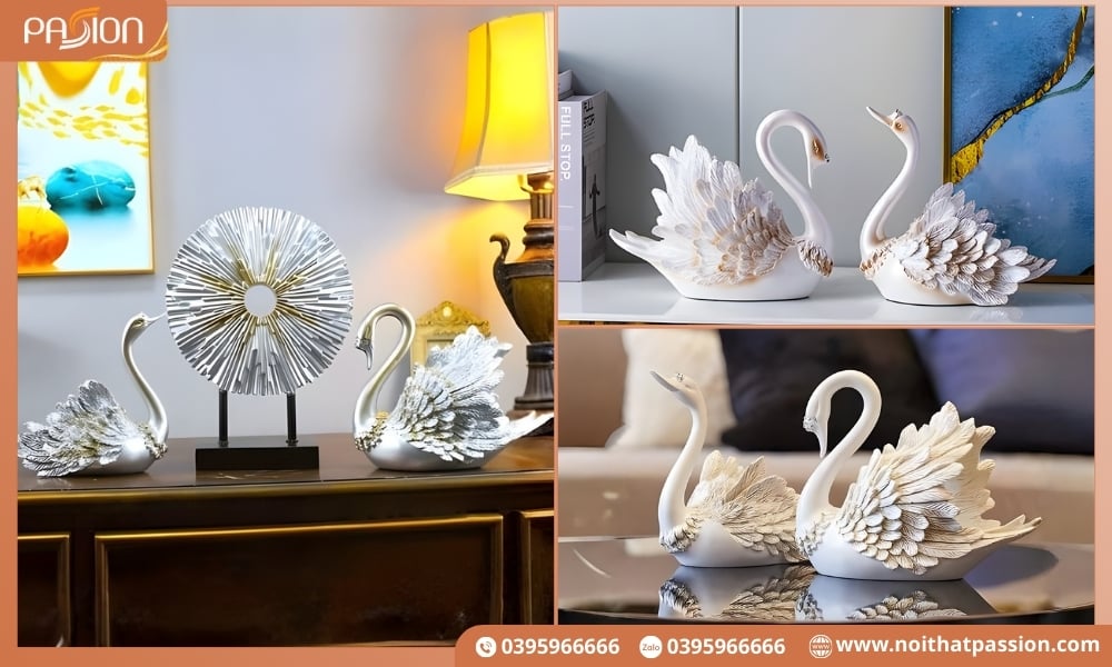 Tượng Đôi Thiên Nga Màu Ngọc Trai Châu Âu Hiện Đại