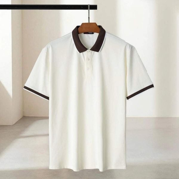 Chi tiết áo polo trắng cổ nâu big size nam AKYOO