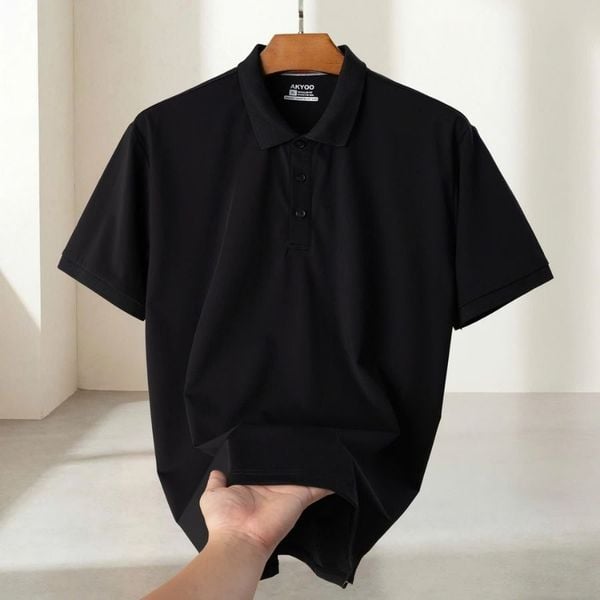 Mặt trước áo polo thể thao đen big size nam PL D4 treo móc