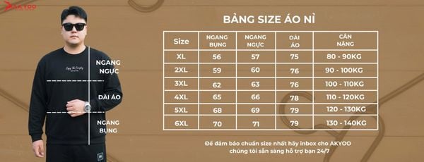 Bảng size áo nỉ big size nam AKYOO