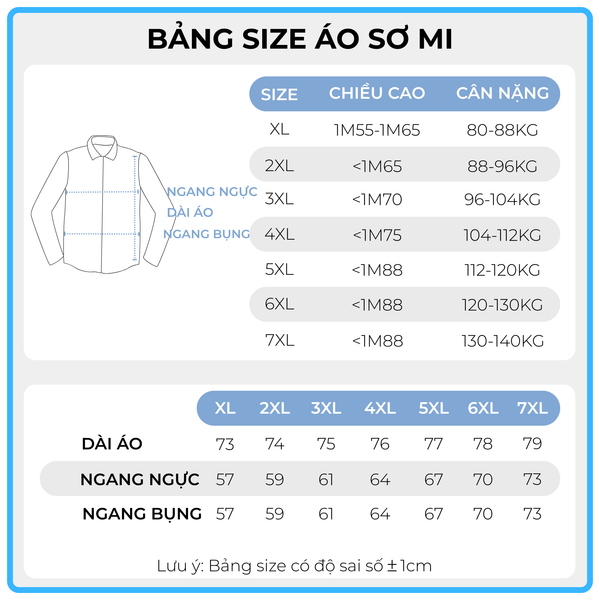 Bảng size áo sơ mi big size nam AKYOO