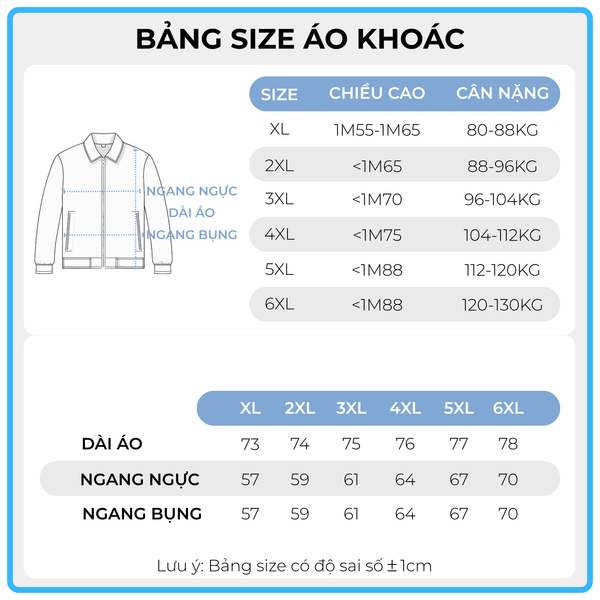 Bảng size áo khoác big size nam AKYOO, thời trang cho người ngoại cỡ từ 80-140kg